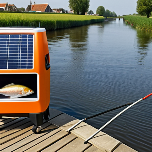 Home 18 **A fisherman proudly displaying his catch next to a large, modern cooler with a digital display showing the internal temperature. The cooler is powered by a small solar panel. The background shows a serene Dutch canal.**