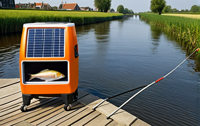 **A fisherman proudly displaying his catch next to a large, modern cooler with a digital display showing the internal temperature. The cooler is powered by a small solar panel. The background shows a serene Dutch canal.**