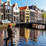 **A person fishing in a canal in Amsterdam, with colorful buildings in the background and sunlight reflecting on the water. Focus on the urban environment and the peacefulness of the activity.**