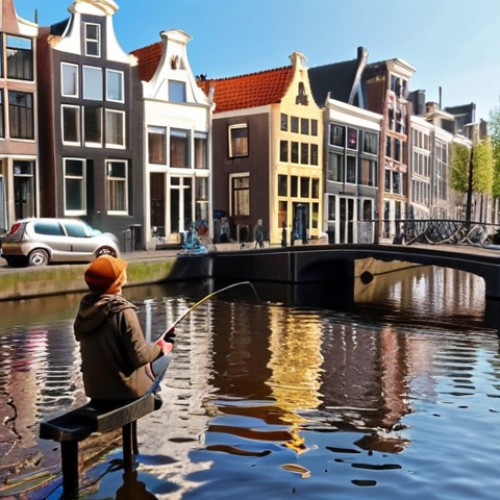 Home 17 **A person fishing in a canal in Amsterdam, with colorful buildings in the background and sunlight reflecting on the water. Focus on the urban environment and the peacefulness of the activity.**