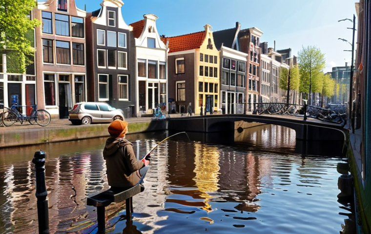 **A person fishing in a canal in Amsterdam, with colorful buildings in the background and sunlight reflecting on the water. Focus on the urban environment and the peacefulness of the activity.**
